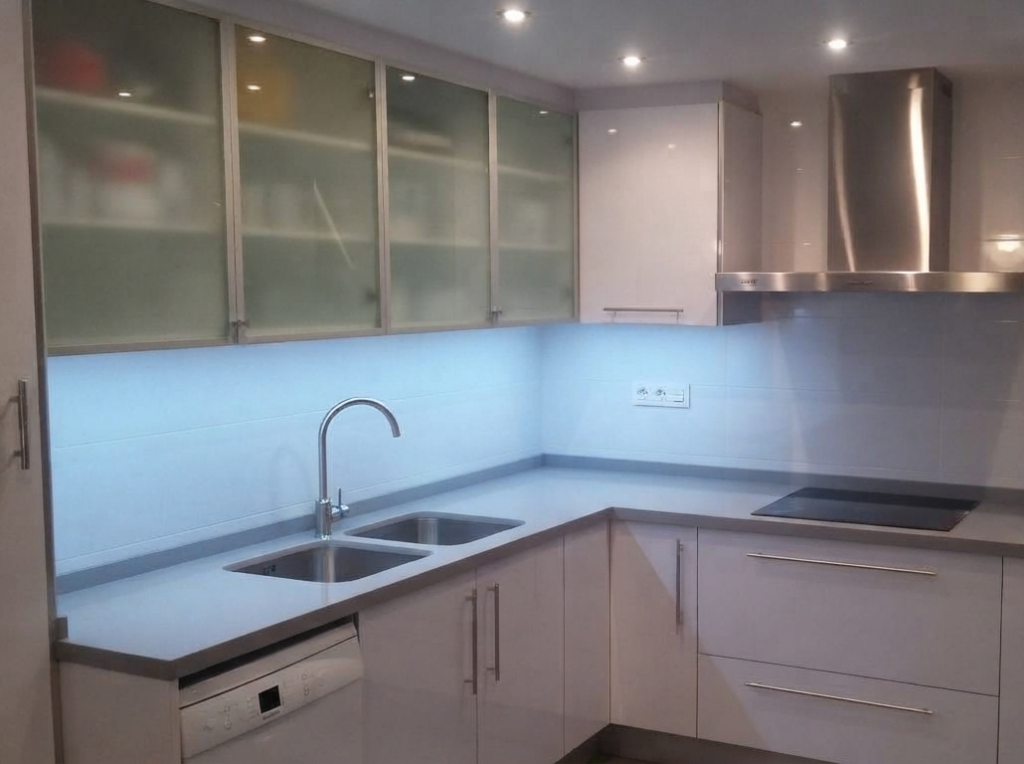 Cocina reformada con encimera blanca, fregadero doble y placa de inducción