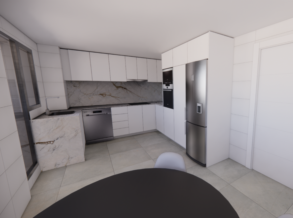 Cocina reformada de diseño moderno con mobiliario blanco y encimera efecto mármol en Valencia