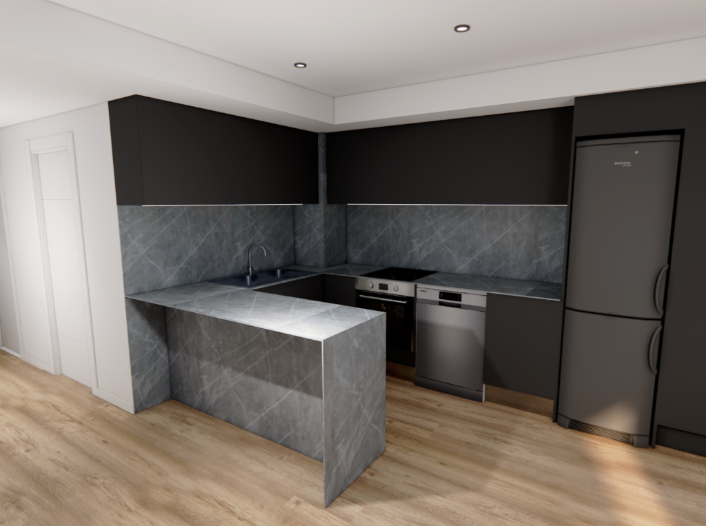 Render 3D de cocina abierta con isla y mobiliario negro