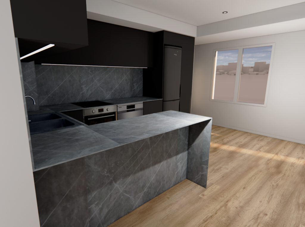 Render 3D de propuesta de cocina moderna con muebles negros e isla central