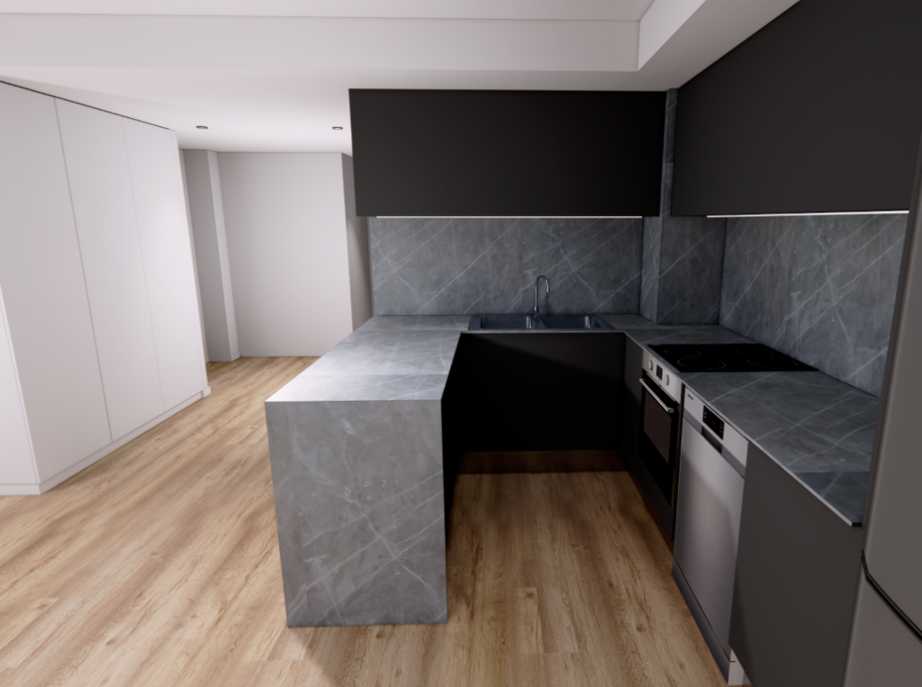 Render 3D de propuesta de cocina con isla central y zona de trabajo