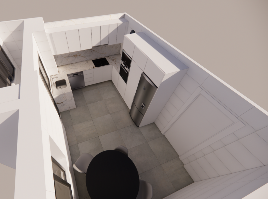 Vista superior de una cocina reformada con mobiliario blanco y distribución en L