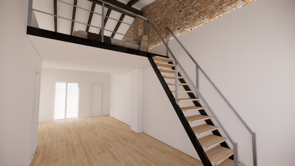 Altillo de madera con estructura metálica y escalera en una vivienda de Valencia, render del proyecto