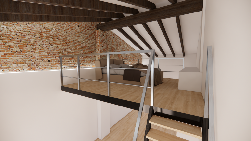 Altillo de madera con estructura metálica y dormitorio en una vivienda de Valencia, render del proyecto