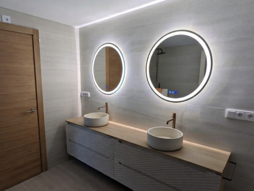 Baño reformado en Manises con espejos circulares retroiluminados