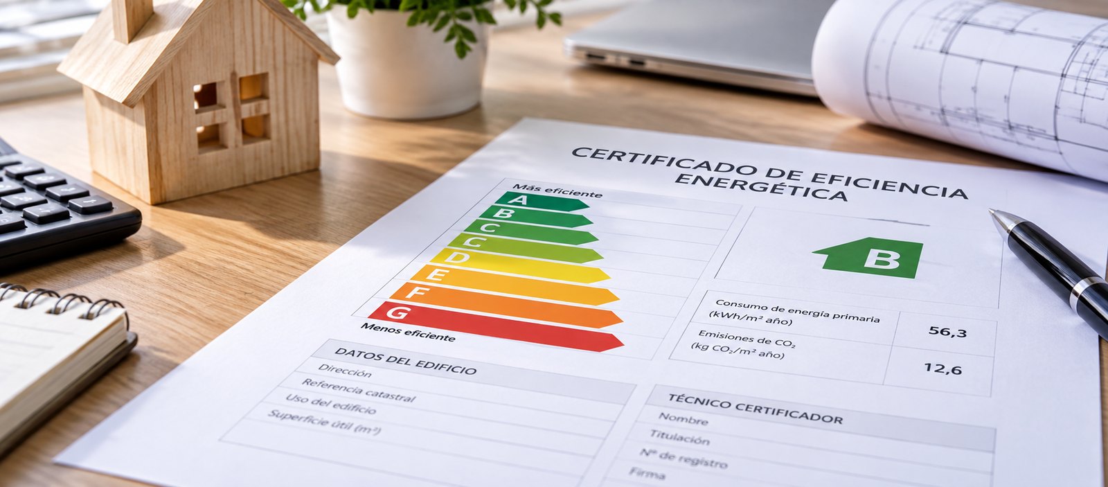 Certificado de eficiencia energética de una vivienda sobre mesa de trabajo