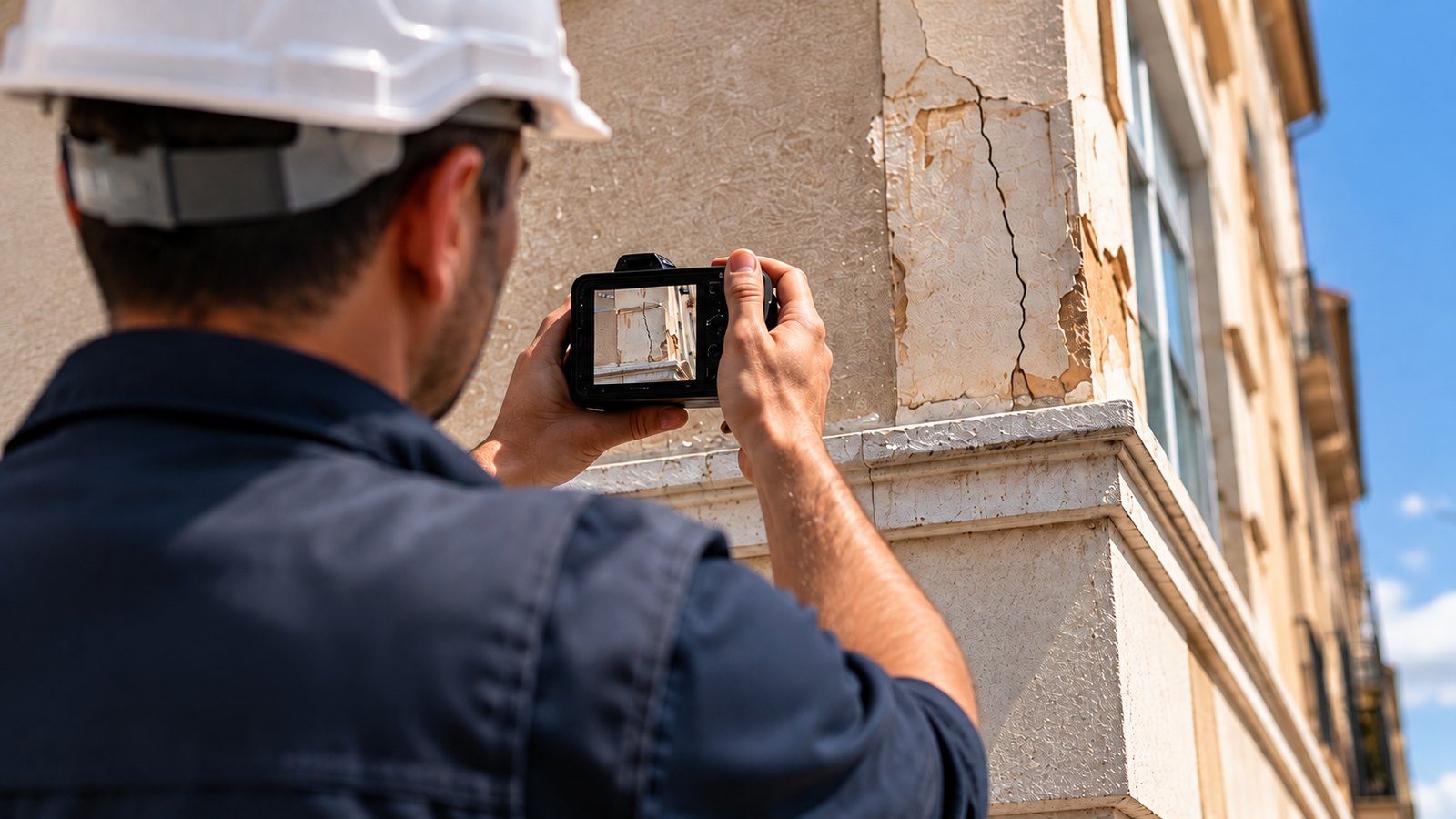 Técnico realizando una inspección de fachada de un edificio en Valencia